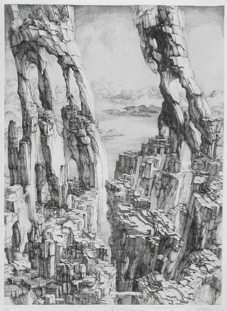 Print by Erik Desmazières: Une Ville dans les Falaises, available at Childs Gallery, Boston