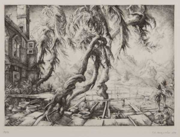Print by Erik Desmazières: Jardin en Italie, represented by Childs Gallery