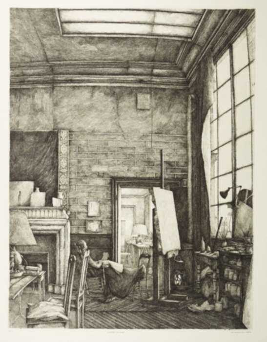 Print by Erik Desmazières: L'Atelier de Pascal, represented by Childs Gallery