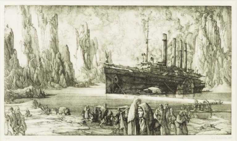 Print by Erik Desmazières: Le Débarquement, represented by Childs Gallery