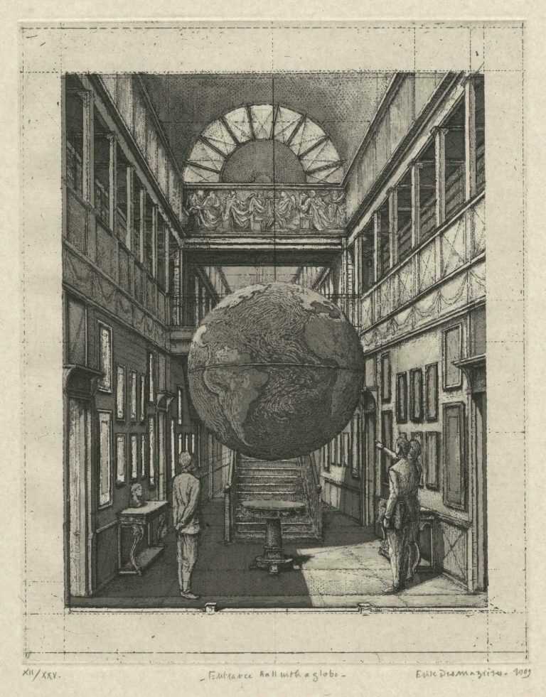 Print By Erik Desmazières: Entrance Hall With A Globe At Childs Gallery