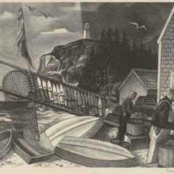 Print by Ernest Fiene: Fisherman's Cove, Maine, represented by Childs Gallery