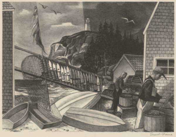 Print by Ernest Fiene: Fisherman's Cove, Maine, represented by Childs Gallery