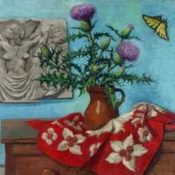 Painting by Ernest Fiene: Thistles with Greek Relief, represented by Childs Gallery