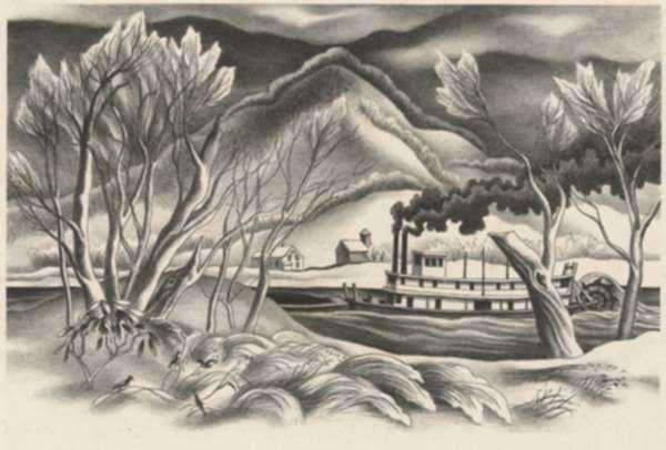 Print by Ernest Fiene: Winter on the River [Kanawha River, West Virginia], represented by Childs Gallery