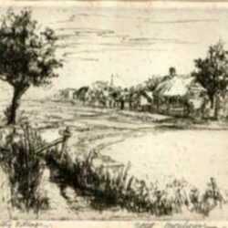 Print by Ethel Morehouse: Country Village, represented by Childs Gallery