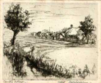 Print by Ethel Morehouse: Country Village, represented by Childs Gallery