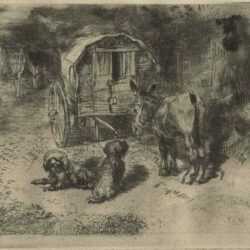 Print by Félix Buhot: Les Gardiens du Logis ou Les Amis du Saltimbanque, represented by Childs Gallery
