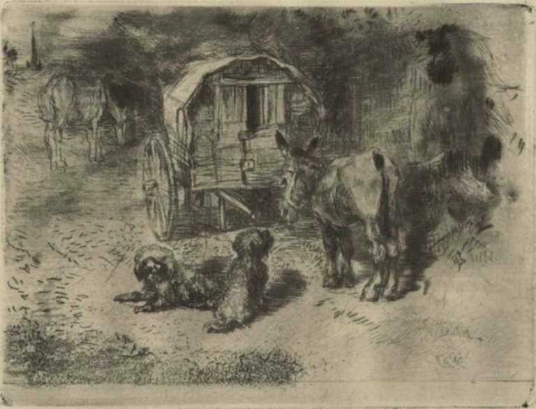 Print by Félix Buhot: Les Gardiens du Logis ou Les Amis du Saltimbanque, represented by Childs Gallery