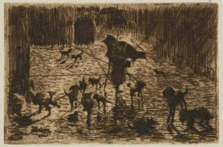 Print by Félix Buhot: Les Noctambules, represented by Childs Gallery