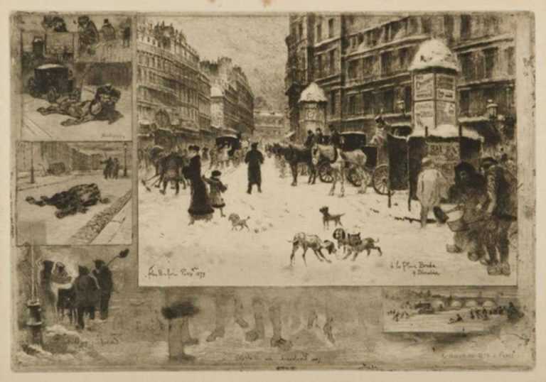 Print by Félix Buhot: L'Hiver a Paris, or La Neige a Paris, represented by Childs Gallery