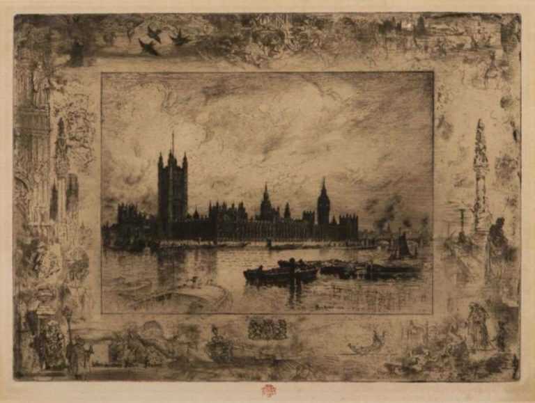 Print by Félix Buhot: Westminster Palace, represented by Childs Gallery