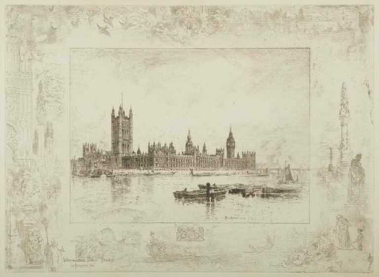 Print by Félix Buhot: Westminster Palace, represented by Childs Gallery