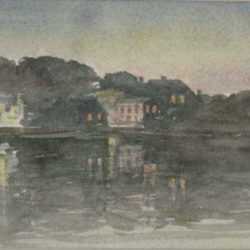 Watercolor by Fanny Topanelian: [Houses by water], represented by Childs Gallery