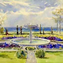 Watercolor by Florence Robinson: [Garden with Fountain], represented by Childs Gallery