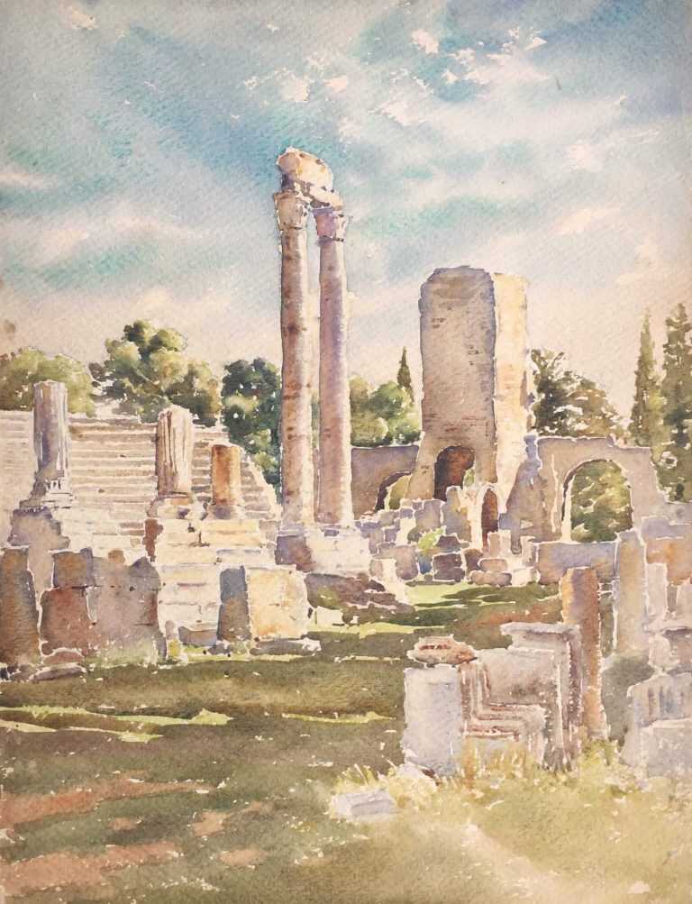 Watercolor By Florence Robinson: Arles, France Roman Ruins At Childs Gallery