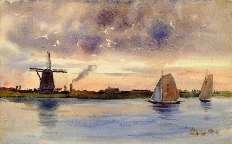 Watercolor by Florence Robinson: Dutch Landscape near Dordecht, represented by Childs Gallery