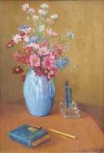 Painting by Florence Wise: Still Life with Flowers and Pens, represented by Childs Gallery