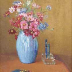 Painting by Florence Wise: Still Life with Flowers and Pens, represented by Childs Gallery
