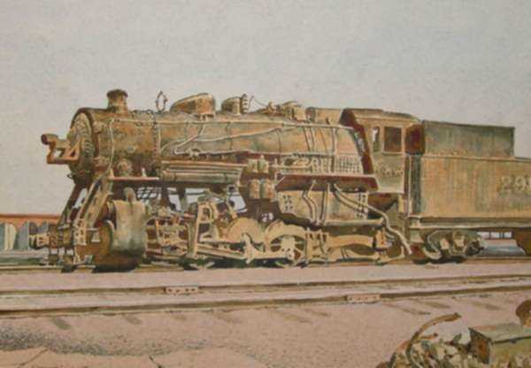 Watercolor by Francis Wenderoth Saunders: Scrapyard Locomotive, represented by Childs Gallery