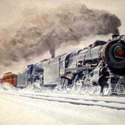 Watercolor by Francis Wenderoth Saunders: The Broadway Ltd in Snow, represented by Childs Gallery