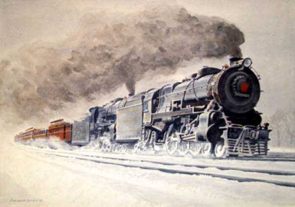 Watercolor by Francis Wenderoth Saunders: The Broadway Ltd in Snow, represented by Childs Gallery