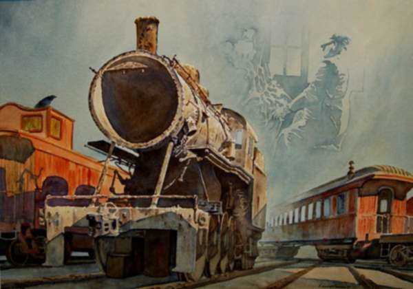 Watercolor by Francis Wenderoth Saunders: The Hand on the Steam Throttle, represented by Childs Gallery