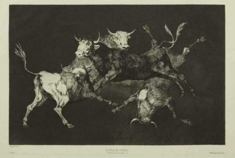 Print by Francisco José de Goya y Lucientes: Al toro y al aire darles calle (Make way for bulls and wind), represented by Childs Gallery