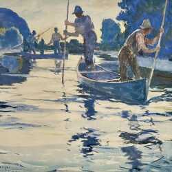 Watercolor by Frank Benson: Canoes and Men Poling a River, available at Childs Gallery, Boston