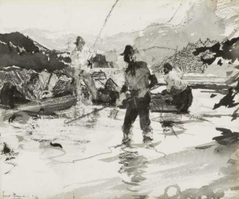 Drawing by Frank Benson: [Salmon Fishing Scene], represented by Childs Gallery