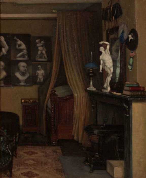 Painting by Frank Davis Millet: Artist Bedroom, Antwerp, represented by Childs Gallery