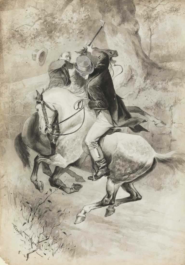 Drawing By Frank T. Merrill: Equestrian Encounter At Childs Gallery