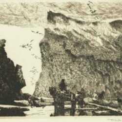 Print by Frank Wilcox: Fishermen of Percé [Province of Quebec, Canada), represented by Childs Gallery