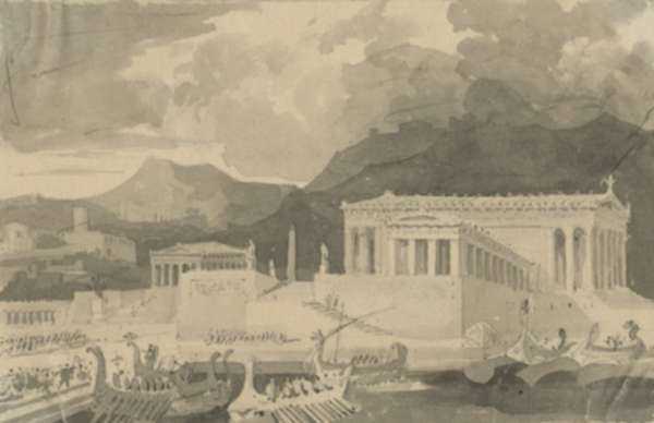 Drawing by French School: [Reconstructed view of ancient seaport, probably Alexandria], represented by Childs Gallery