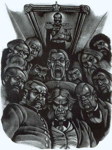 Print by Fritz Eichenberg: Brothers Karamazov [Men gathered around], represented by Childs Gallery