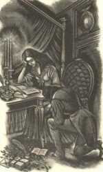 Print by Fritz Eichenberg: Eugene Onegin [Man kneeling next to woman], represented by Childs Gallery