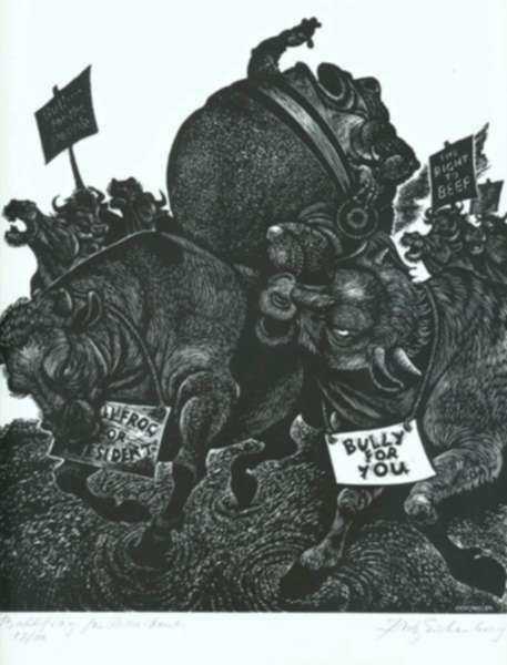 Print by Fritz Eichenberg: Fables with a Twist: Bullfrog for President, represented by Childs Gallery