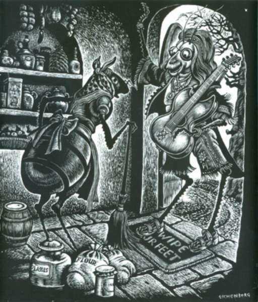 Print by Fritz Eichenberg: Fables with a Twist: The Ant and the Cricket, represented by Childs Gallery