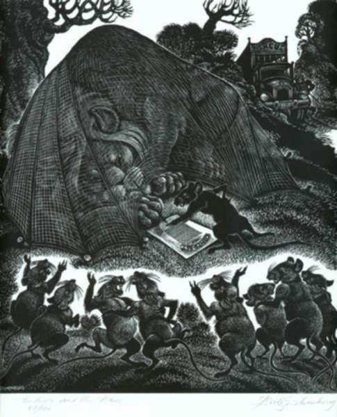 Print by Fritz Eichenberg: Fables with a Twist: The Lion and the Mouse, represented by Childs Gallery
