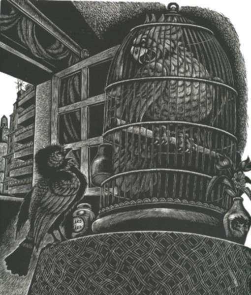 Print by Fritz Eichenberg: Fables with a Twist: The Sparrow and the Parrot, represented by Childs Gallery