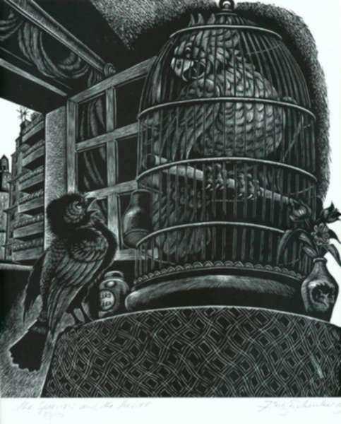 Print by Fritz Eichenberg: Fables with a Twist: The Sparrow and the Parrot, represented by Childs Gallery