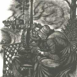 Print by Fritz Eichenberg: Fathers and Sons [Older couple on the porch], represented by Childs Gallery