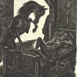 Print by Fritz Eichenberg: Gulliver's Travels [Horse at Bedside], represented by Childs Gallery