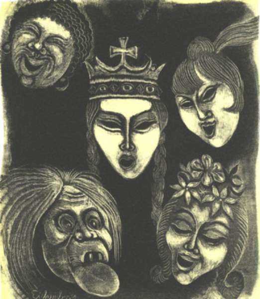 Print by Fritz Eichenberg: Masks One [pair], represented by Childs Gallery