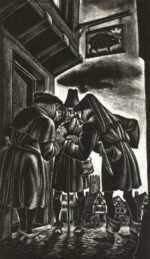 Print by Fritz Eichenberg: Richard III [Act II, scene iii: Londoners talk about the day, represented by Childs Gallery