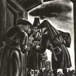 Print by Fritz Eichenberg: Richard III [Act II, scene iii: Londoners talk about the day, represented by Childs Gallery