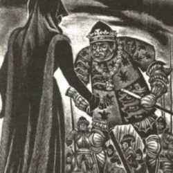 Print by Fritz Eichenberg: Richard III [Act IV, scene iv: Richard is cursed by the Duch, represented by Childs Gallery