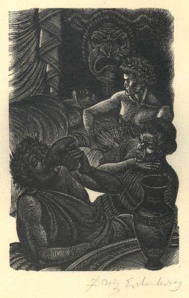 Print by Fritz Eichenberg: Tales of Poe [Drinking and Death], represented by Childs Gallery
