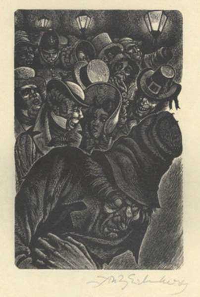 Print by Fritz Eichenberg: Tales of Poe (The Man of the Crowd), represented by Childs Gallery