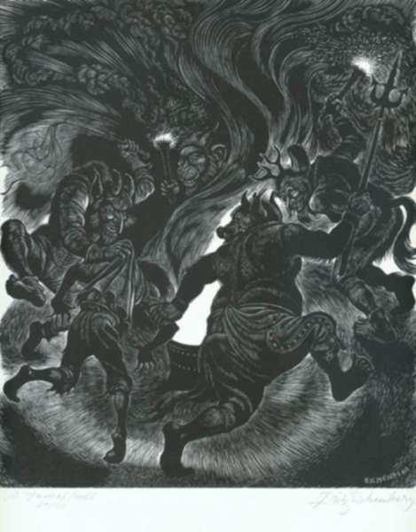 Print by Fritz Eichenberg: The Adventures of Simplicius Simplicissimus: The Four Devils, represented by Childs Gallery